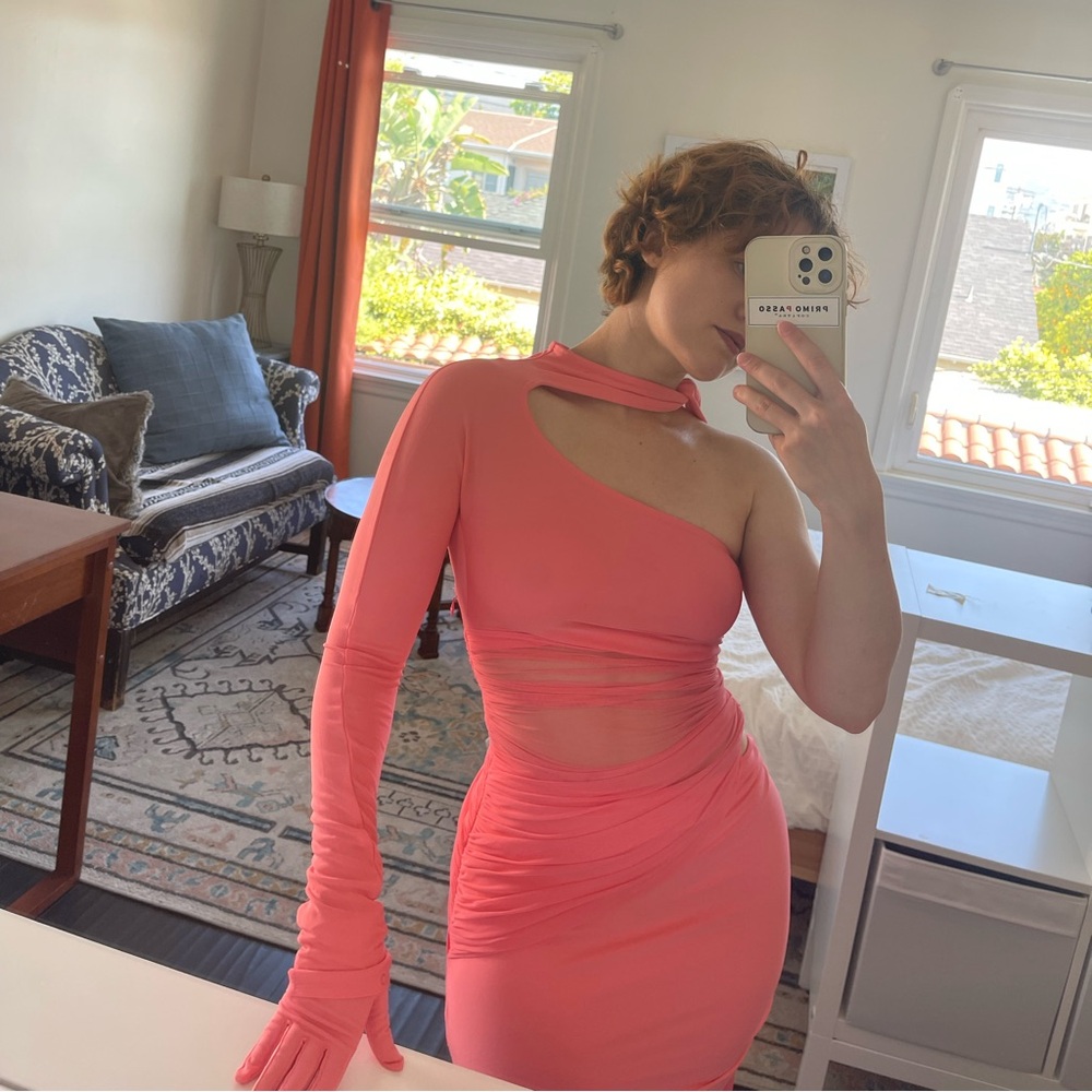 H&M x Mugler knot detail one shoulder pink dress